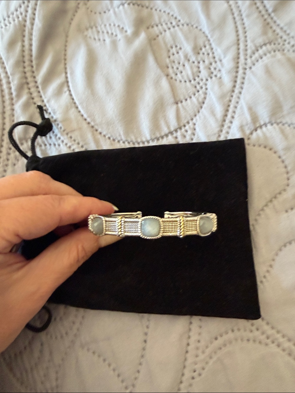 Judith Ripka Silver and 18k Gold Bangle Bracelet with Moonstones